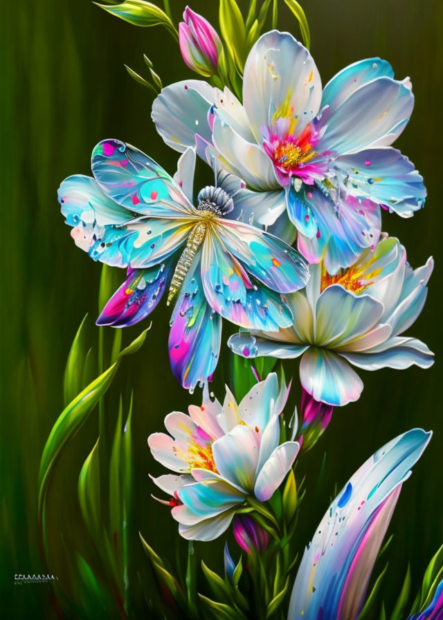 Colorful Butterfly and Flowers Digital Artwork Displaying Iridescent Wings