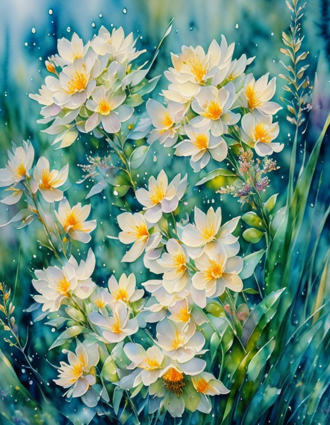 Delicate white and yellow flowers with blue watery background