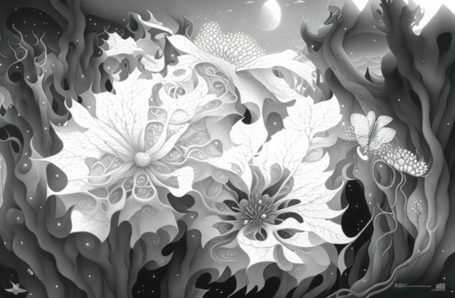 Detailed Monochromatic Fantasy Landscape with Floral Patterns and Moonlit Sky