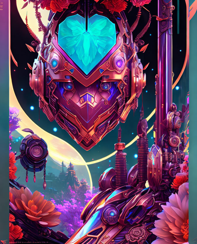 Futuristic sci-fi scene with heart-shaped gem, mechanical structure, and starry sky