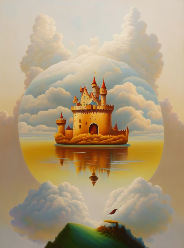 Floating castle in sky with clouds, water reflection, and bird in flight