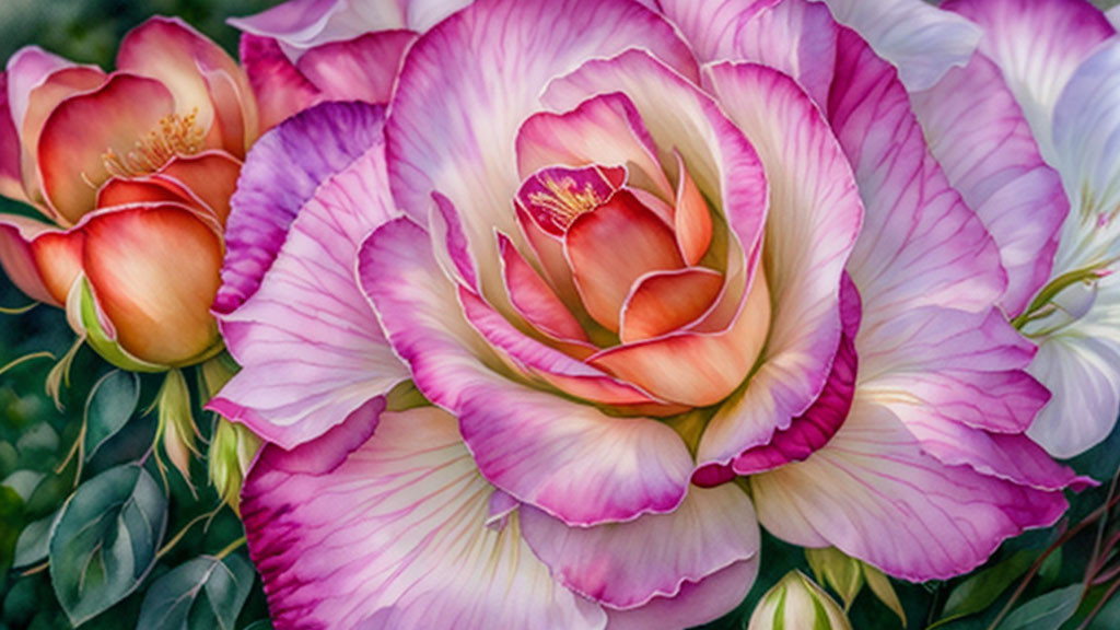 Close-up of Pink-White Roses with Yellow Hints & Green Leaves