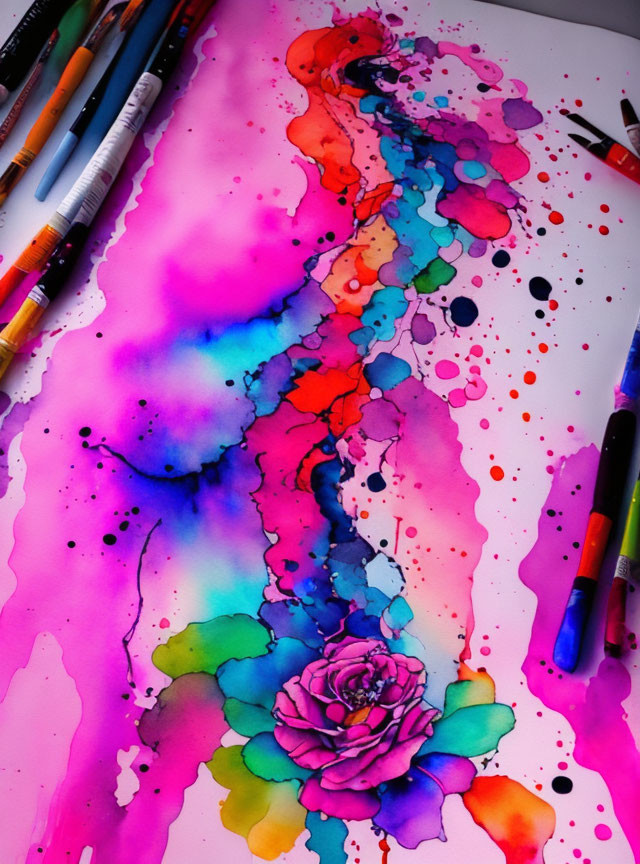 Colorful watercolor painting with pink, blue, and purple hues and a flower motif.