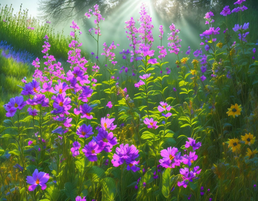 Sunlit Garden with Purple and Yellow Flowers in Misty Atmosphere