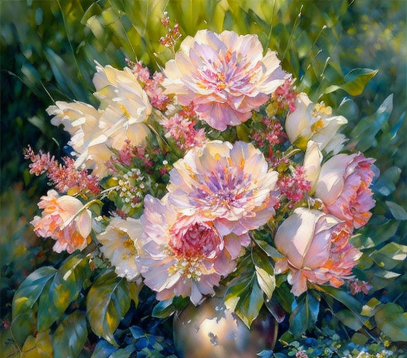 Colorful Peach and Pink Peony Bouquet with Pink Blooms and Green Foliage