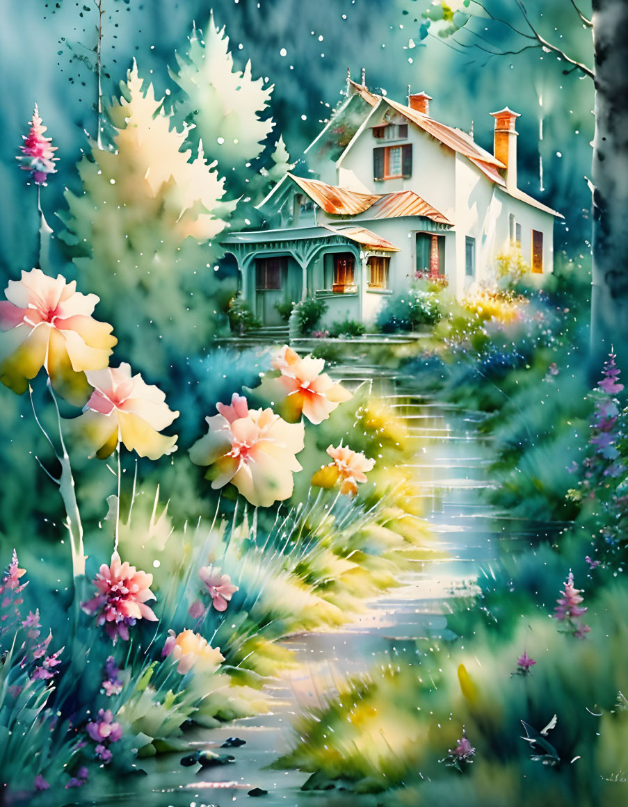 Cozy cottage in snowy flower garden scene