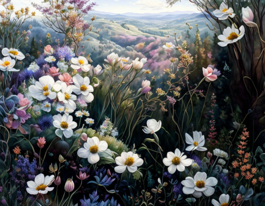 Colorful Flower Meadow Painting with Rolling Hills