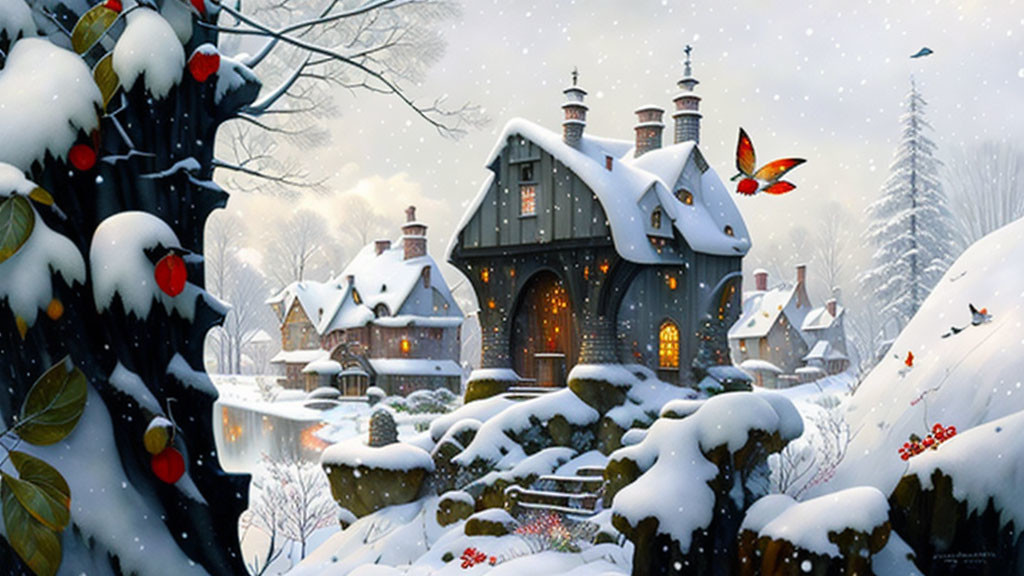 Winter scene: snow-covered cottages near frozen river with glowing lights and butterfly.