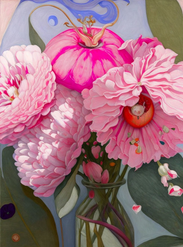 Vibrant pink peonies in a vase on pastel background