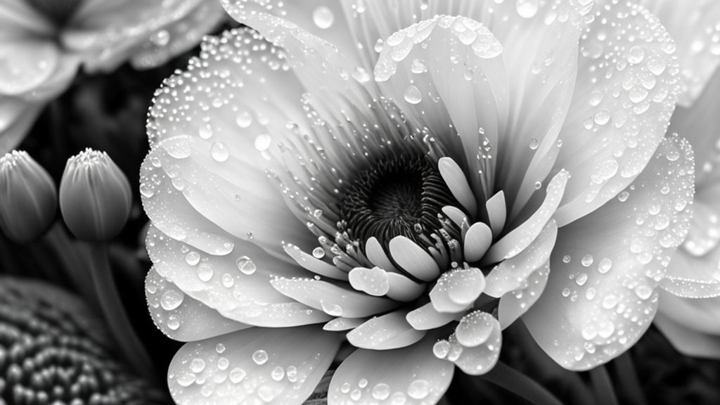 Monochrome close-up of dewy flower petals