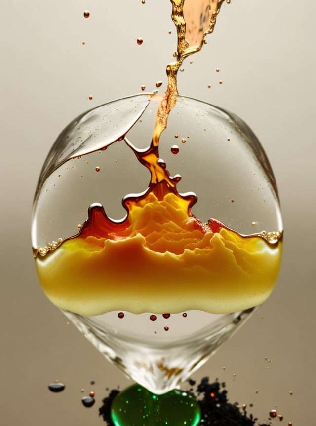 Clear to amber liquid creates dynamic splash in wine glass