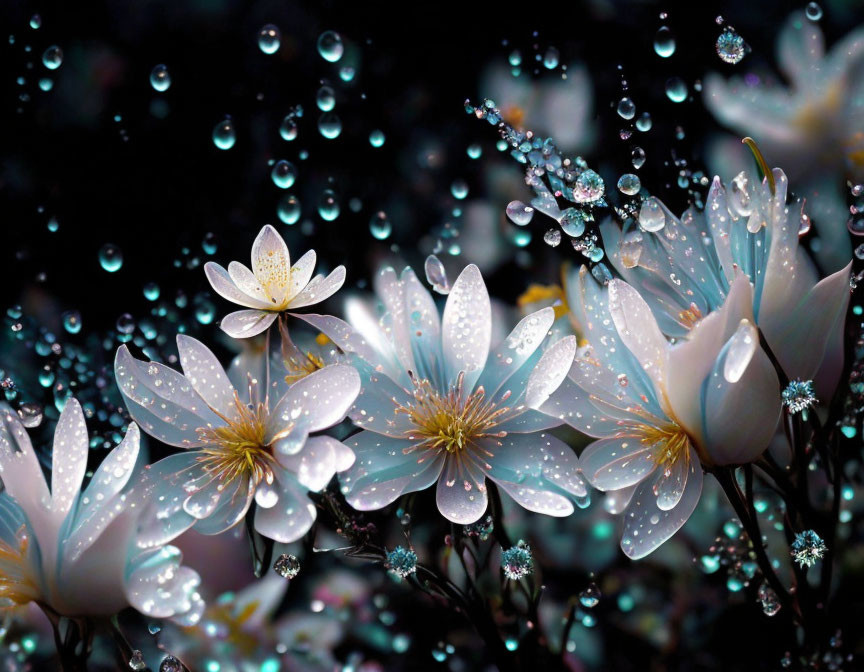 Ethereal white flowers with sparkling dew on dark bokeh background