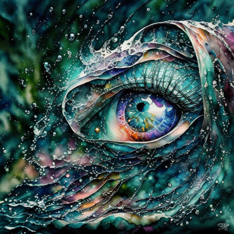 Detailed watercolor painting of a human eye blending with aquatic elements
