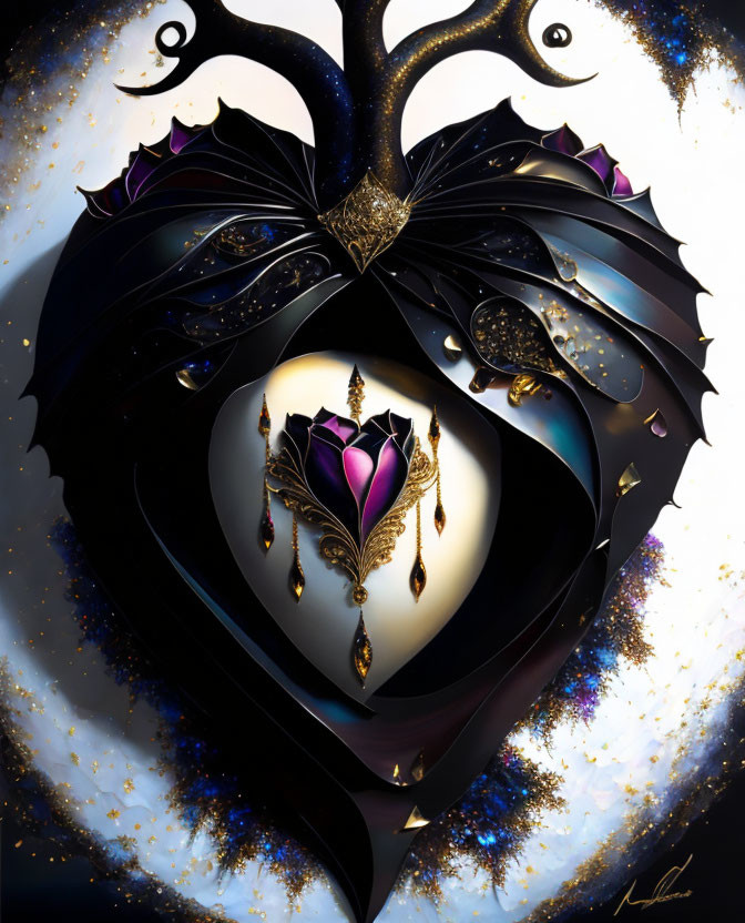 Abstract ornate heart art with layered elements and gold accents on a starry backdrop.