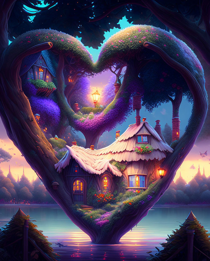 Heart-shaped tree formation with cozy houses, vibrant flowers, and serene lake