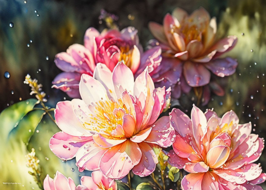 Close-up of vibrant pink and yellow lotus flowers with water droplets on petals against blurred green backdrop