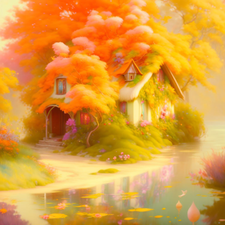 Autumn Cottage Scene with Falling Leaves and Pond