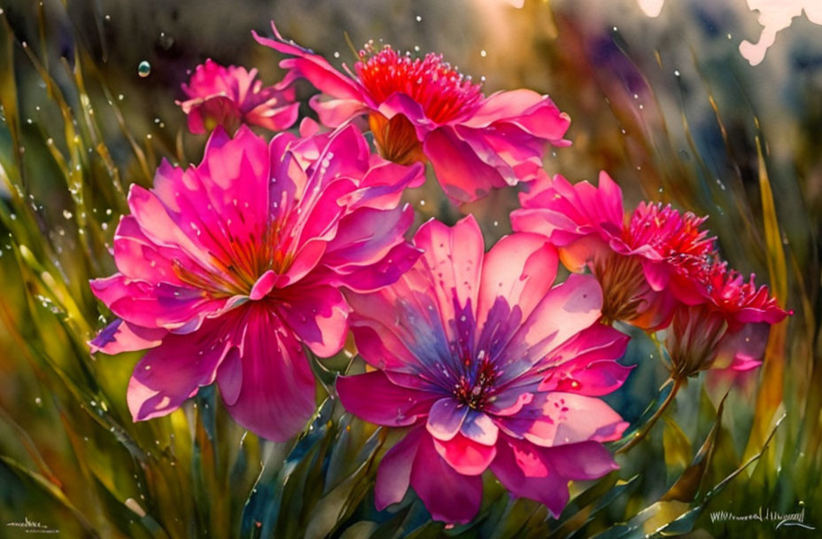 Pink Flowers with Dewdrops in Soft-focus Painting