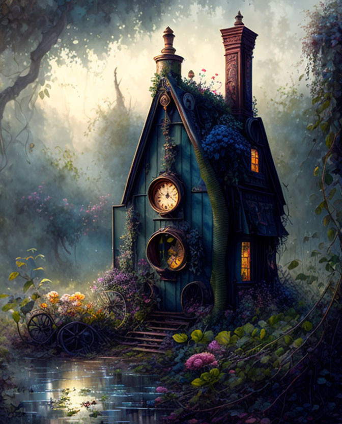 Whimsical house with clock face in magical forest setting