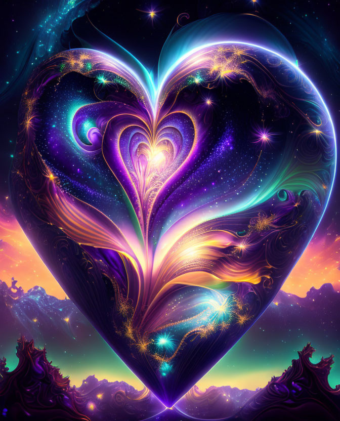 Colorful Heart-Shaped Cosmic Entity in Sunset-Hued Space