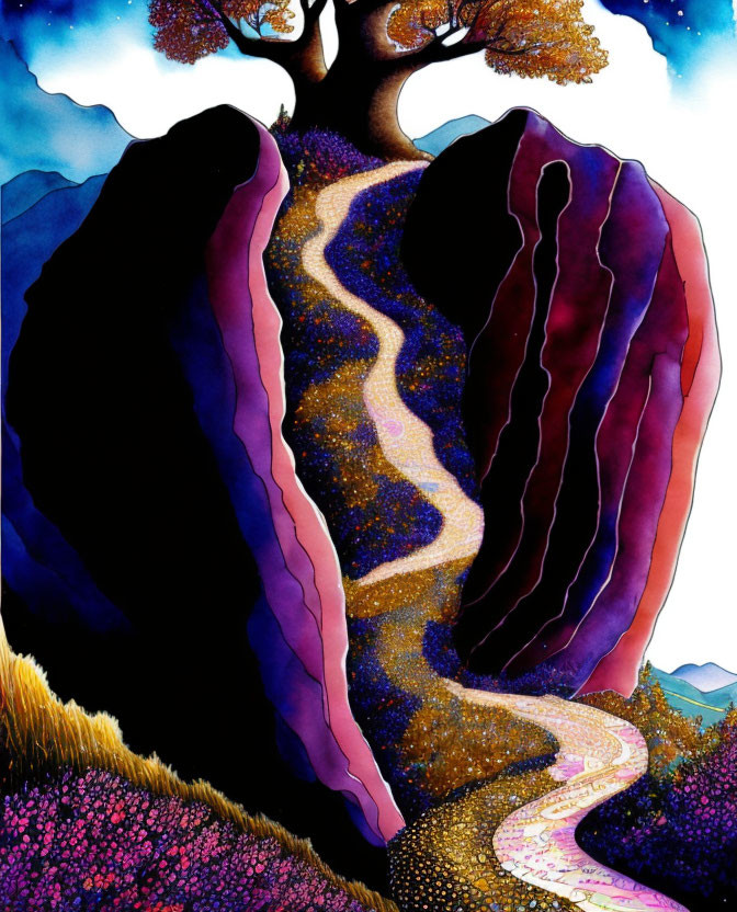 Illustration of tree on cliffs under starry night sky in mystical purple landscape