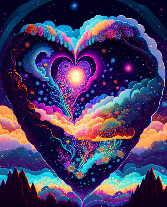 Colorful Heart-Shaped Tree Artwork Under Starry Sky