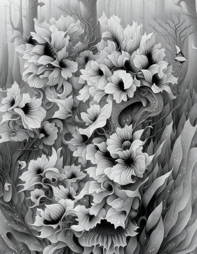 Surreal monochrome illustration of face-like flowers and hidden animals in misty landscape