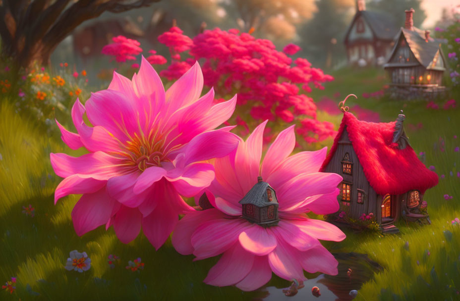 Whimsical oversized pink flowers and thatched cottages at sunset