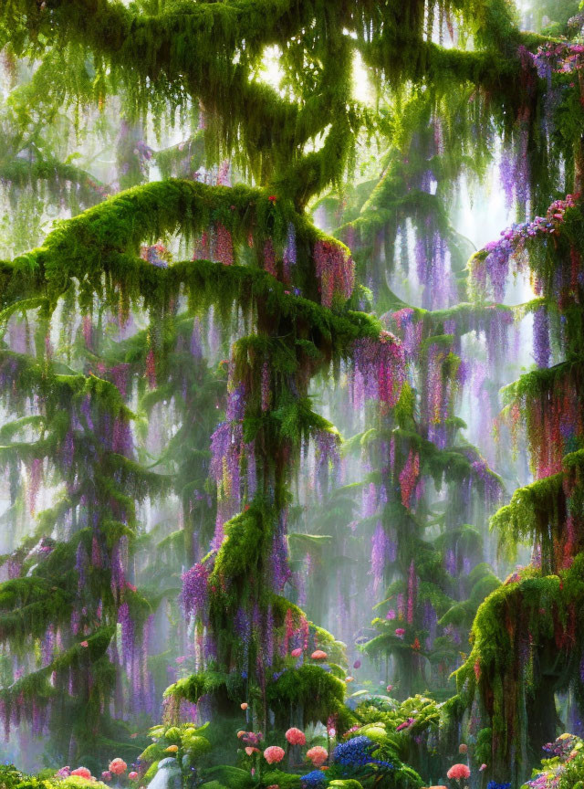 Enchanting forest scene with moss-covered trees and hanging flowers