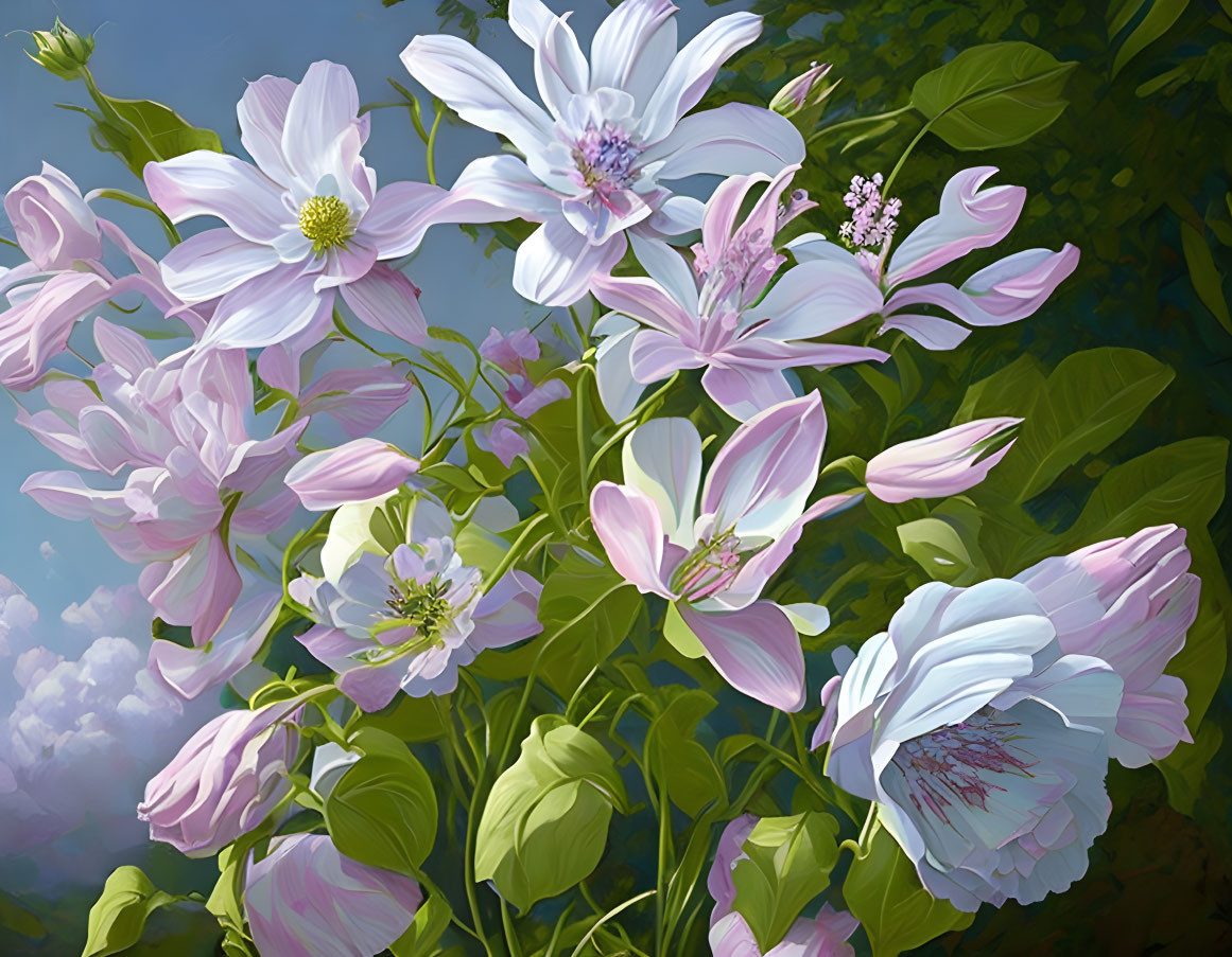 Colorful digital artwork: Cluster of white and pink flowers against blue sky with clouds