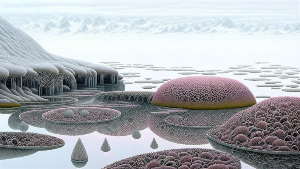 Abstract Surreal Landscape with Fungi-like Shapes in Tranquil Misty Setting