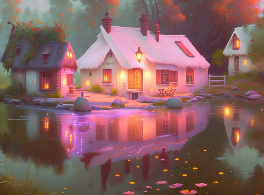 Fantasy-style Cottage with Illuminated Windows by Tranquil Pond