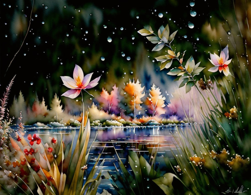 Colorful flowers, reflecting trees, and raindrops in serene water scene