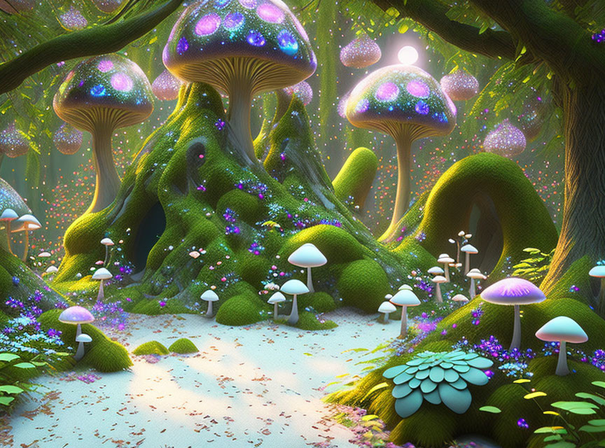 Enchanted forest with oversized glowing mushrooms and sparkling lights