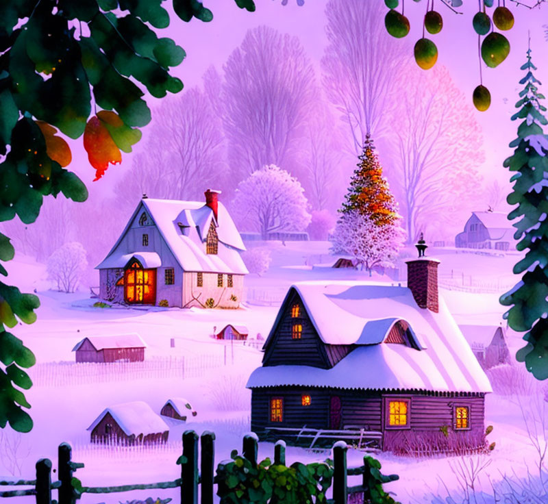 Snow-covered cottage with Christmas tree in serene winter landscape