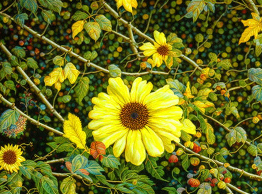 Bright yellow sunflower against green foliage and red berries in textured background