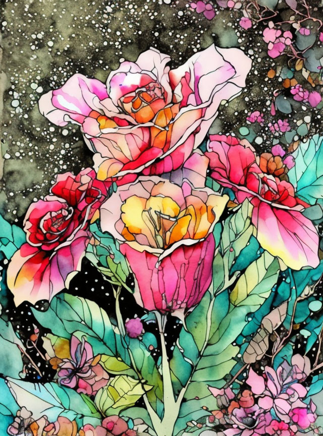 Colorful Watercolor Roses Illustration with Pink, Yellow, Orange Hues