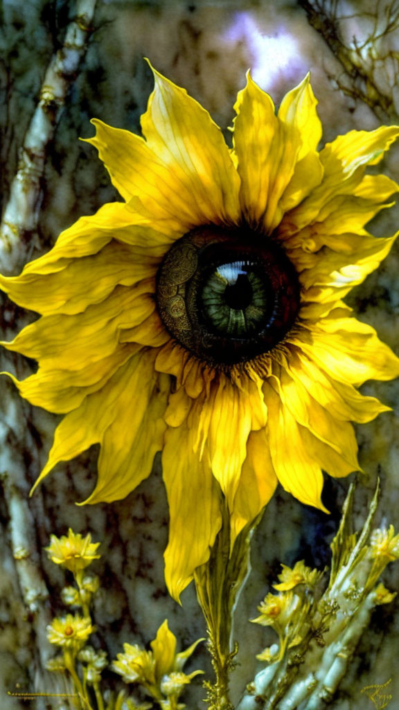 Surreal sunflower illustration with human eye and greenery