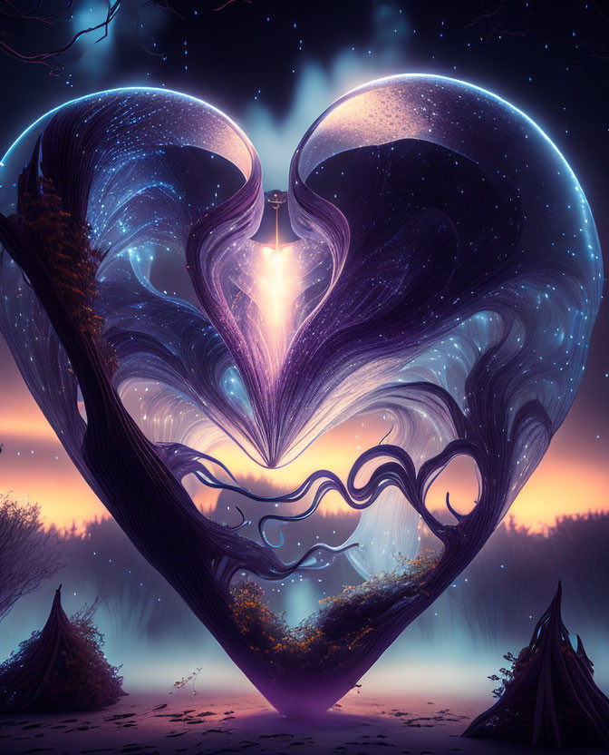 Heart-shaped cosmic phenomenon with glowing edges and star-filled center against a dusk sky and silhouetted