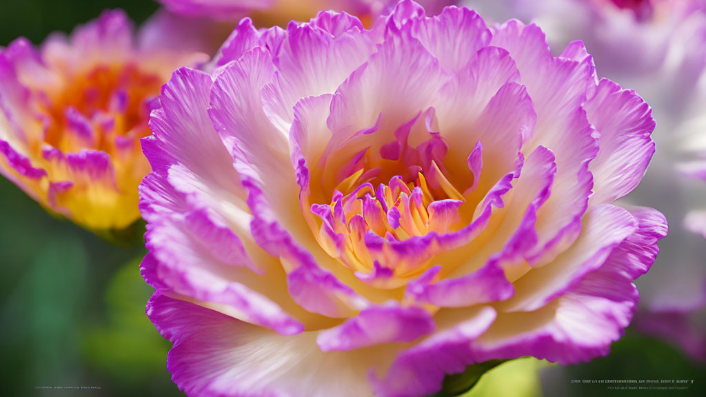 Pink and White Flower with Ruffled Petals on Blurred Greenery Background