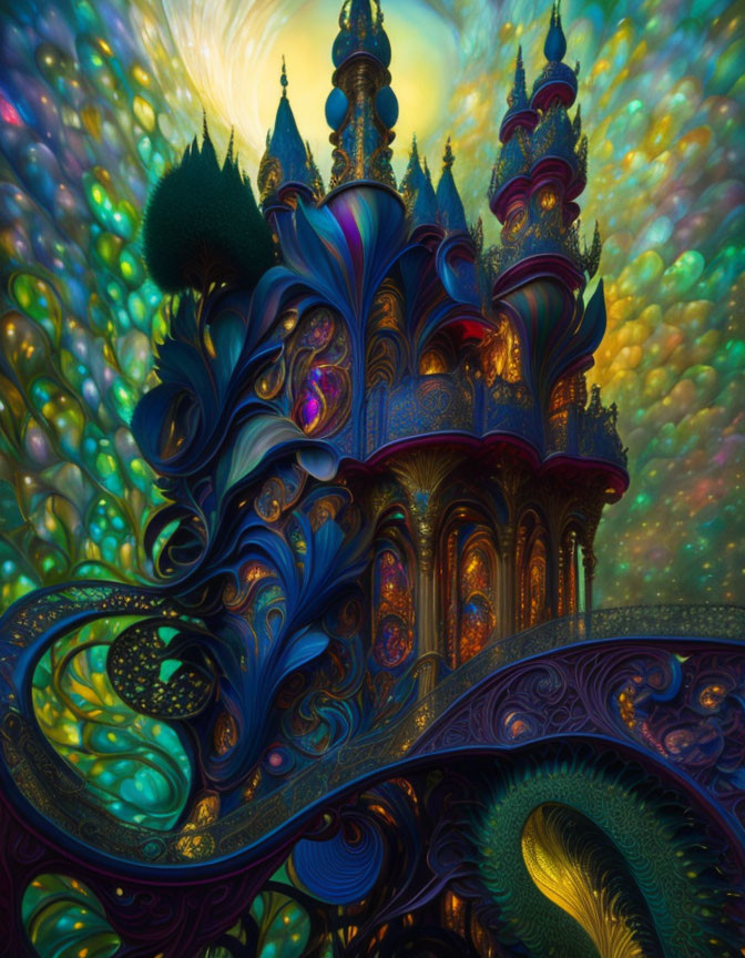 Vibrant digital artwork: Ornate castle against colorful backdrop