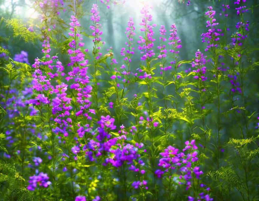 Lush purple flowers under soft sunlight in green forest.