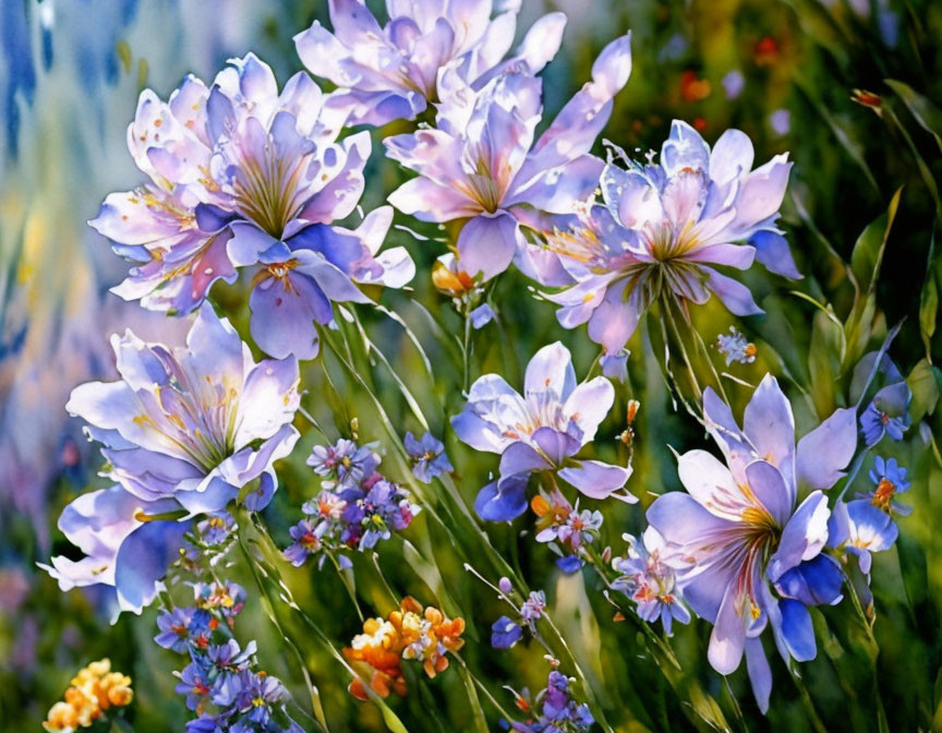 Colorful blue and purple flowers with yellow centers in green foliage setting