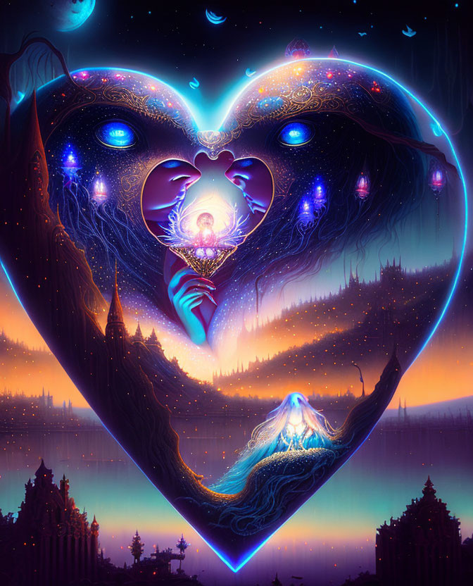 Colorful fantasy artwork of heart-shaped cosmic entity holding galaxy, surreal landscape, glowing lanterns, celestial