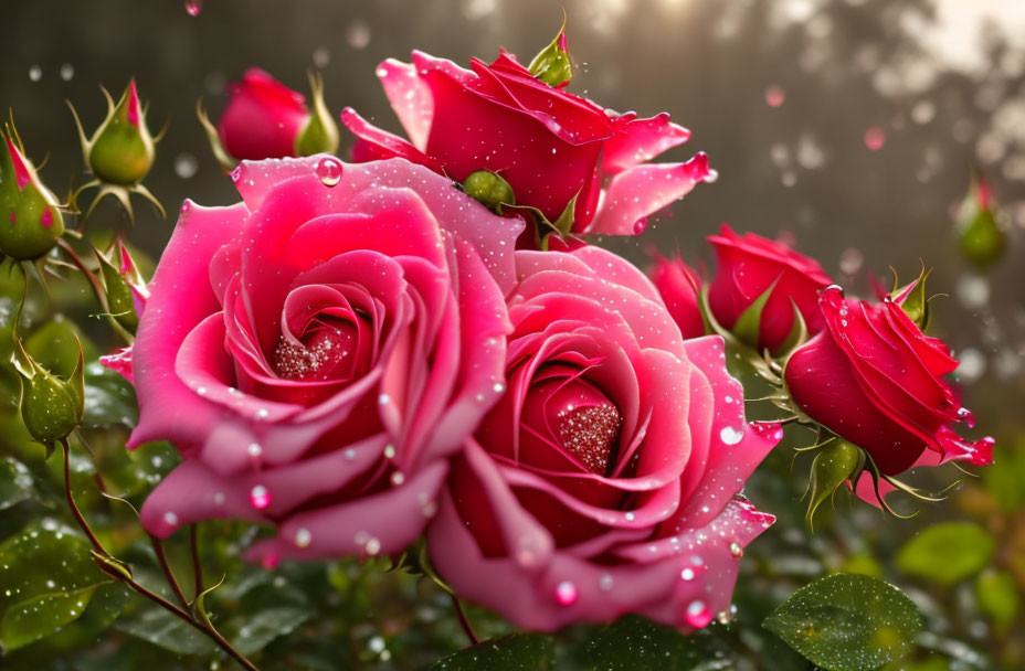 Pink Roses with Dewdrops on Petals in Misty Setting