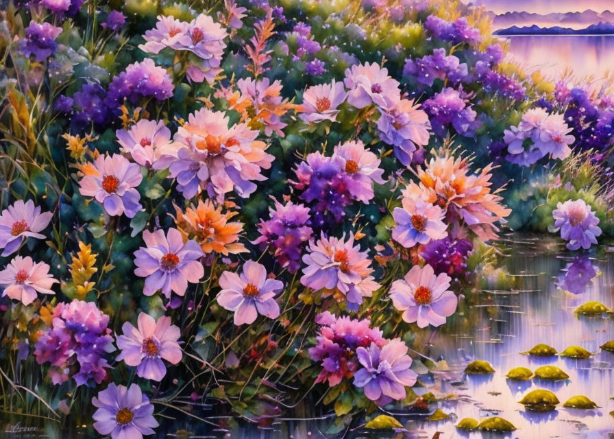 Colorful Floral Painting by Water Body at Sunset