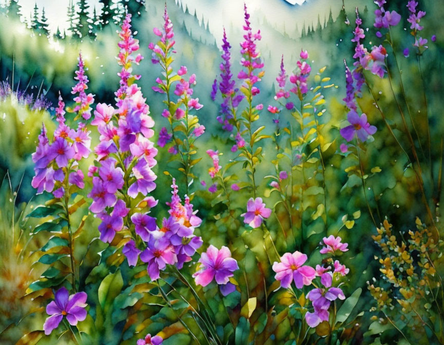 Vibrant watercolor painting of lush meadow with purple flowers and misty forest