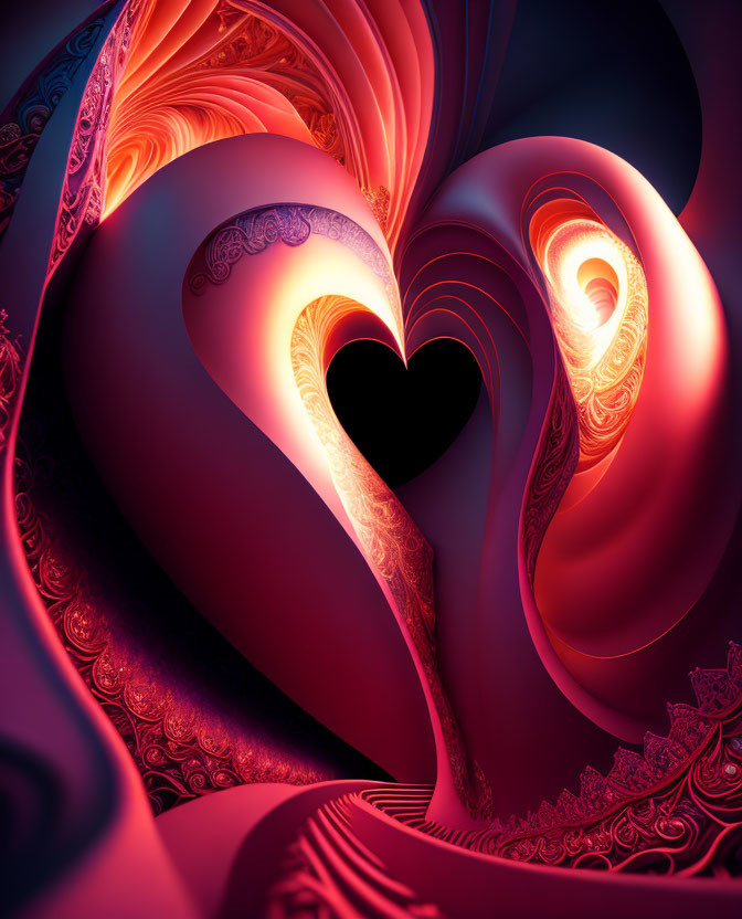 Abstract Digital Art: Heart-shaped centerpiece with red and purple swirling patterns