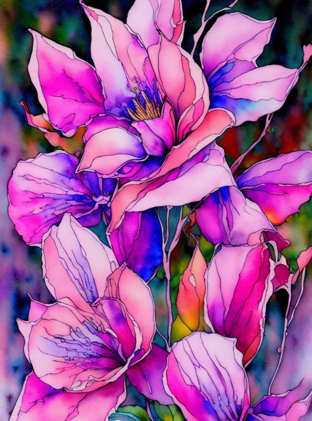 Colorful Watercolor Painting of Pink and Purple Magnolia Flowers