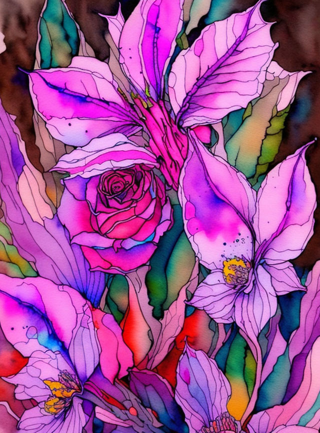 Colorful watercolor artwork: Purple lilies, central rose, yellow accents, dynamic background